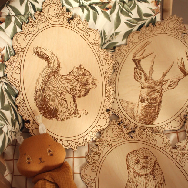 Set of 4 Engraved Forest Animals Pictures with Retro Frame
